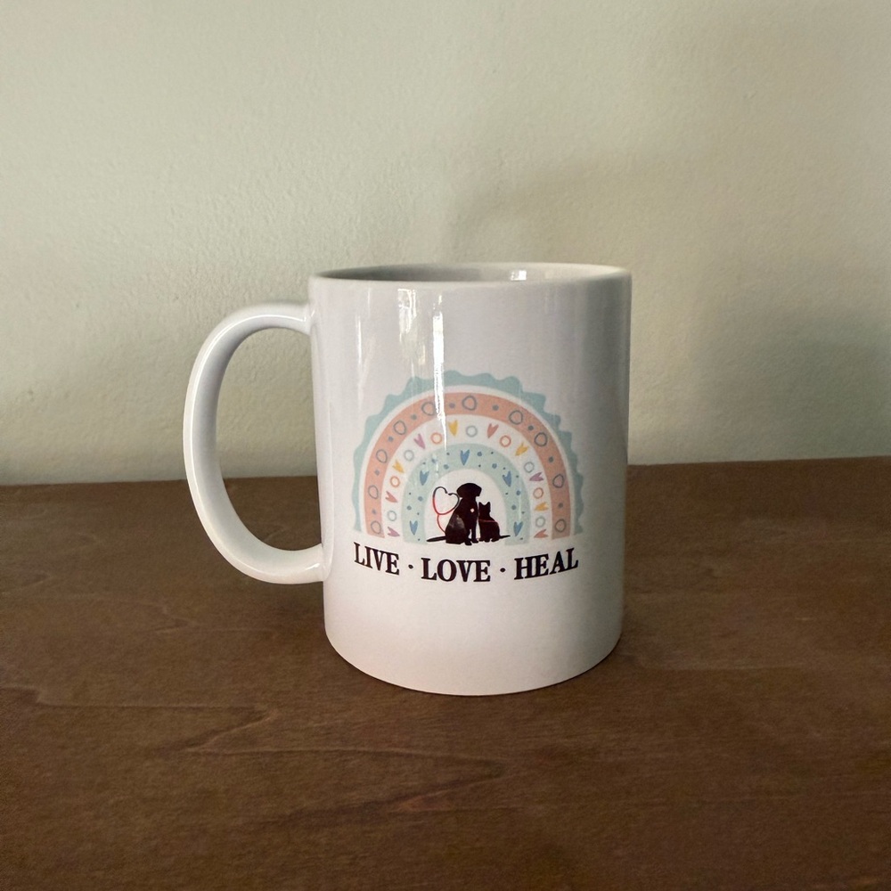 White Ceramic VetMed Mug “Live Love Heal”